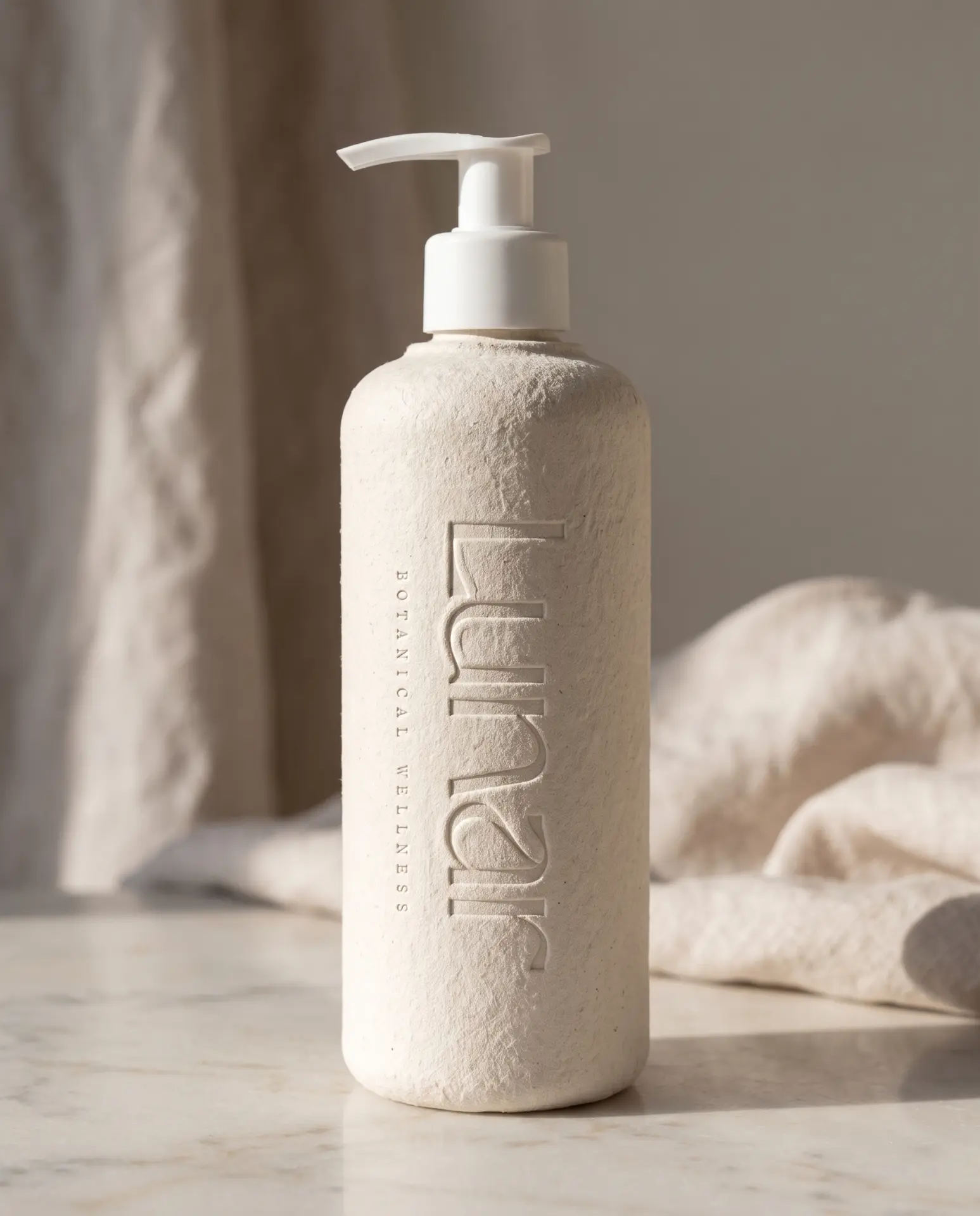 Lunar project: pump bottle in moulded fibre with the wordmark embossed vertically