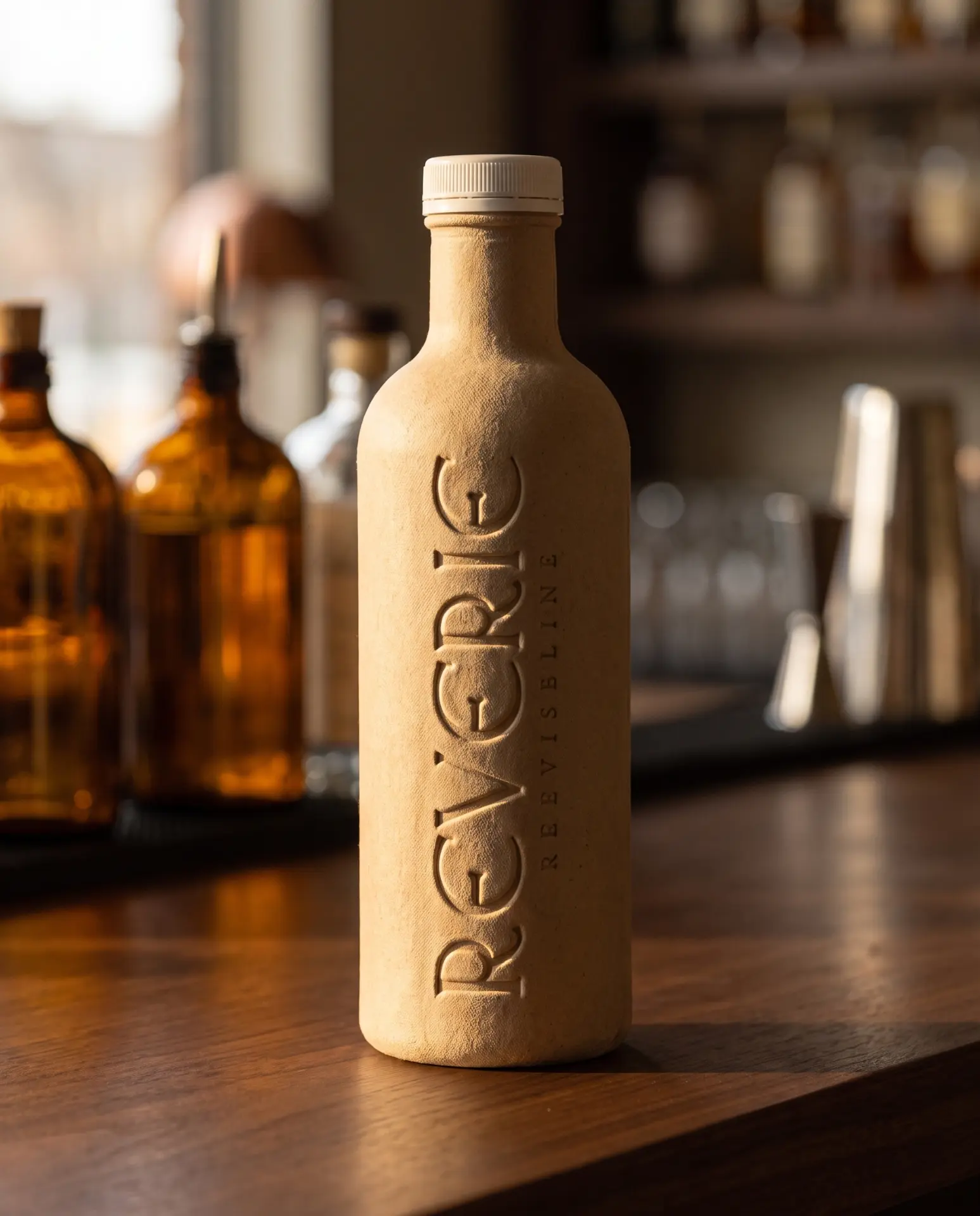 Reverie project: bottle in moulded fibre with the name embossed vertically, on a bar