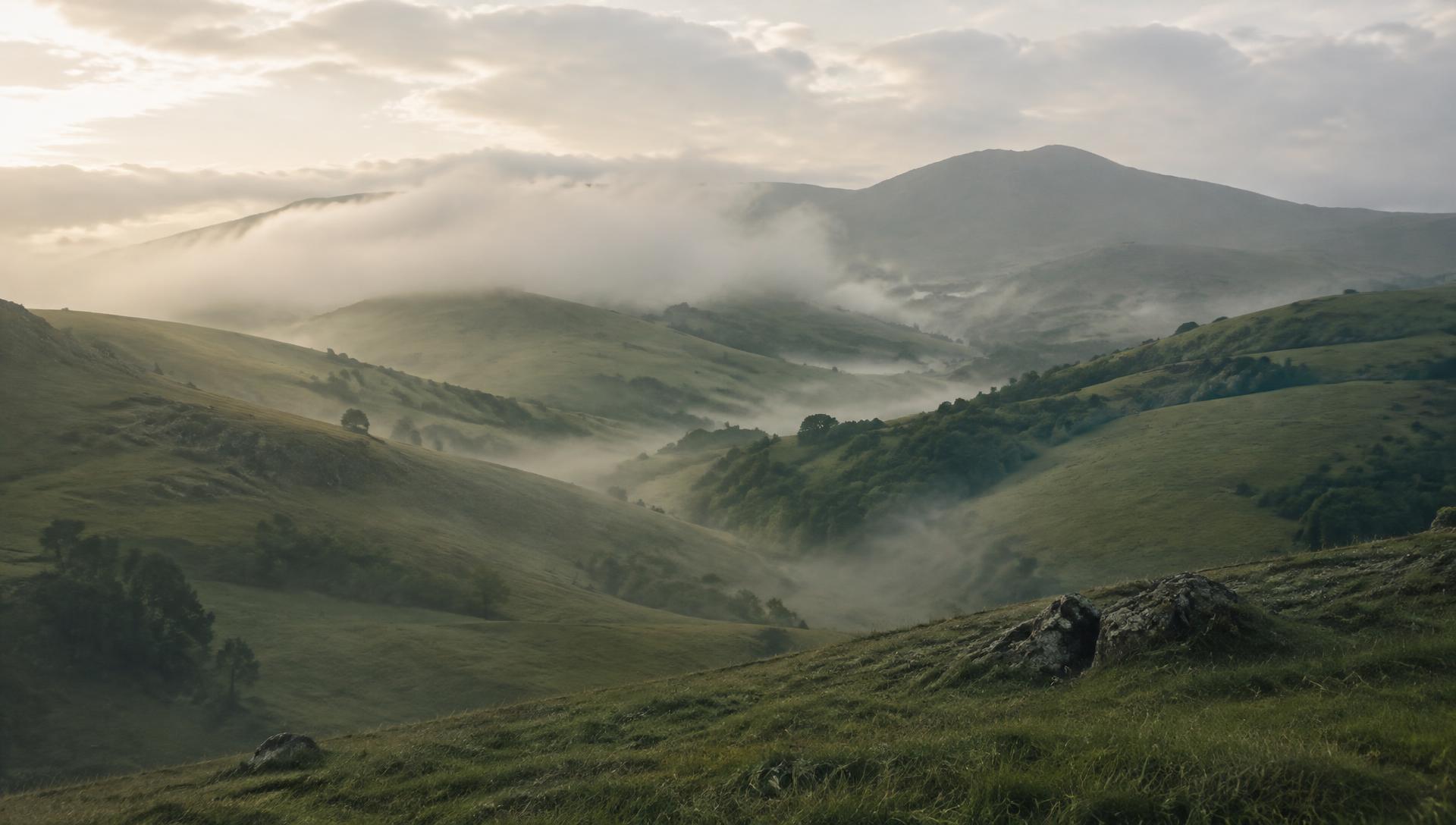 Misty green hills with a lone walker in the distance